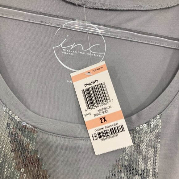 New INC International Concepts size 2X Gray Sequins Stretch Knit Top Festival - Picture 2 of 8